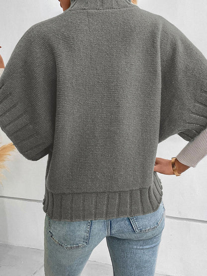 Grey Batwing Knit Sweater with Mock Neck