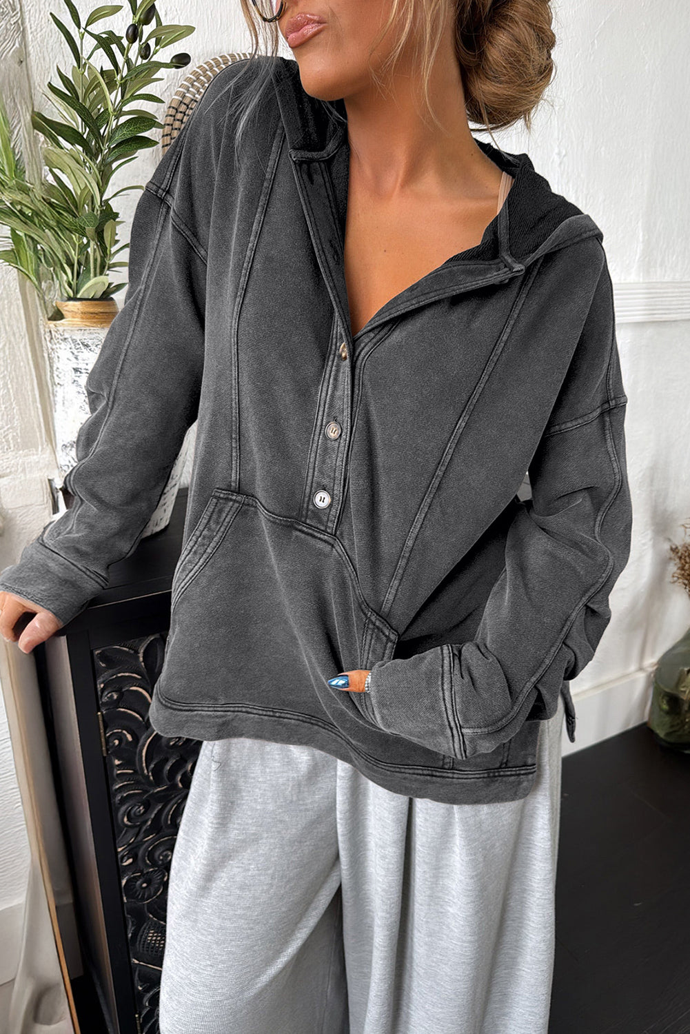 Ashleigh Blue Mineral Wash Seam Detail Half Button Baggy Hooded Sweatshirt