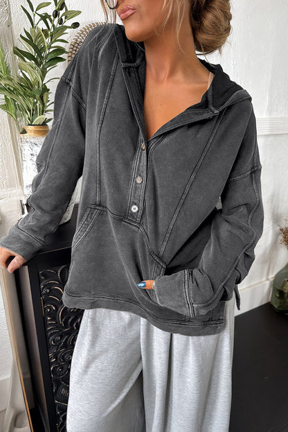 Ashleigh Blue Mineral Wash Seam Detail Half Button Baggy Hooded Sweatshirt