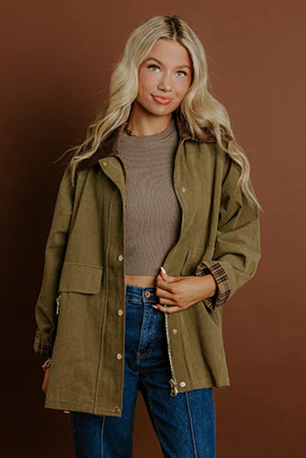 Moss Green Color Block Collar Patchwork Contrasted Leopard Liner Utility Jacket