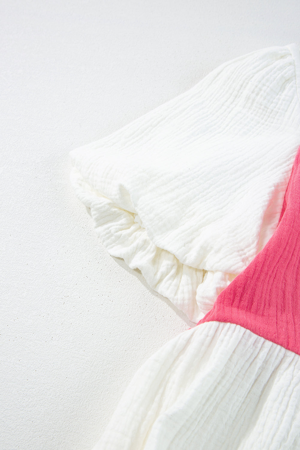 White Crinckle Colorblock Puff Sleeve Buttons Babydoll Dress