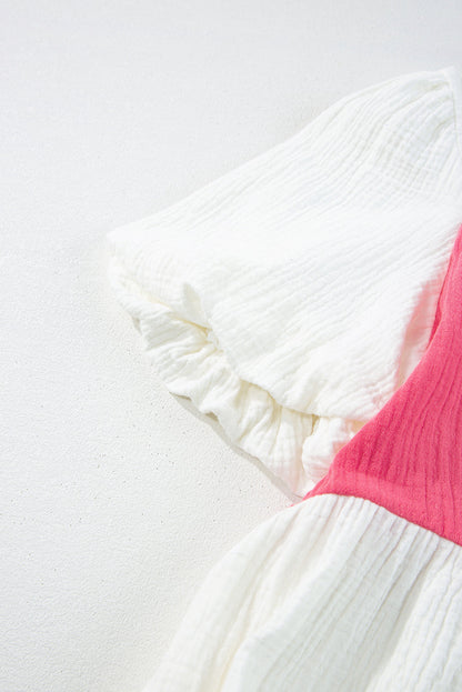 White Crinckle Colorblock Puff Sleeve Buttons Babydoll Dress