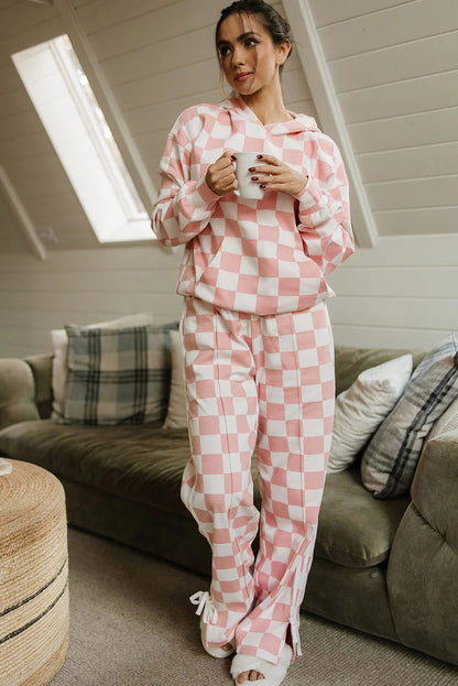 Pink Checkered Print Hoodie Side Stripe Bow Knot Pants 2pcs Set