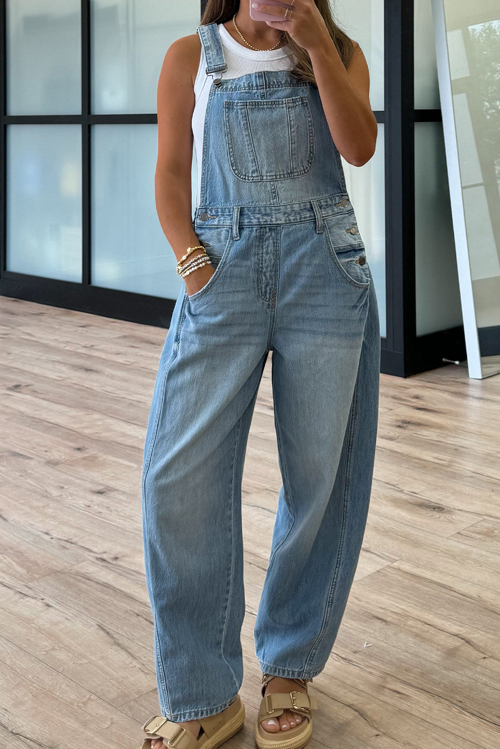 Dusk Blue Adjustable Buckle Barrel Denim Overalls