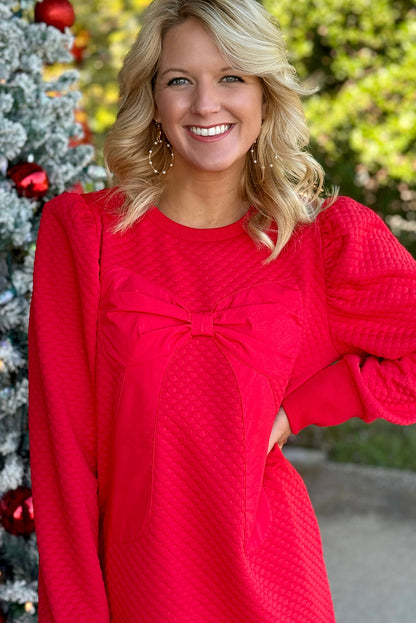 Fiery Red Solid Color Textured Big Bow Patched Long Sleeve Shift Mini Dress