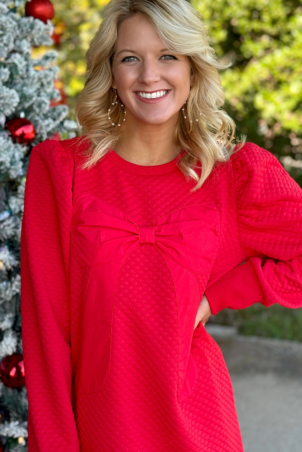 Fiery Red Solid Color Textured Big Bow Patched Long Sleeve Shift Mini Dress