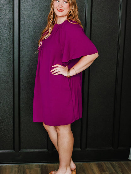 Rose Red Notched Neck Wide Sleeve Pleated Plus Size Dress