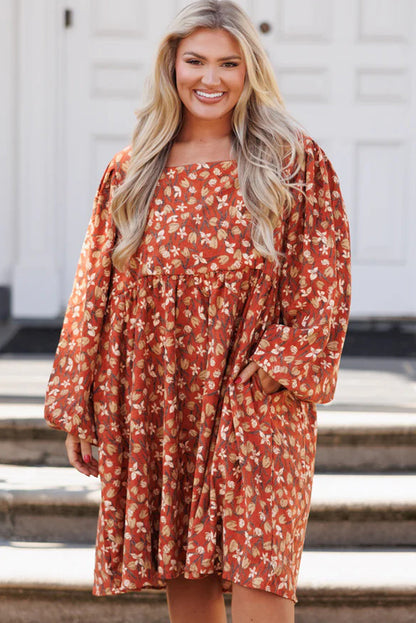 Elegant Gold Floral Square Neck Bubble Sleeve Plus Size Midi Dress