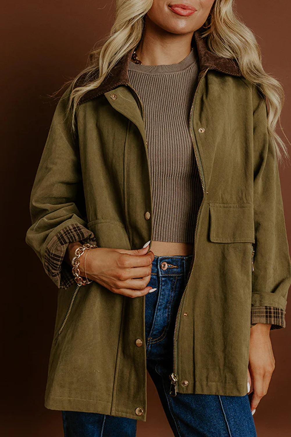 Moss Green Color Block Collar Patchwork Contrasted Leopard Liner Utility Jacket