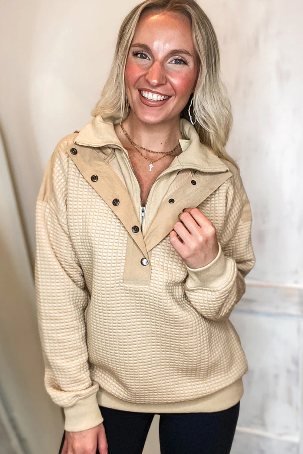 Tan Button Zip Double Collar Patchwork Waffle Textured Hoodie