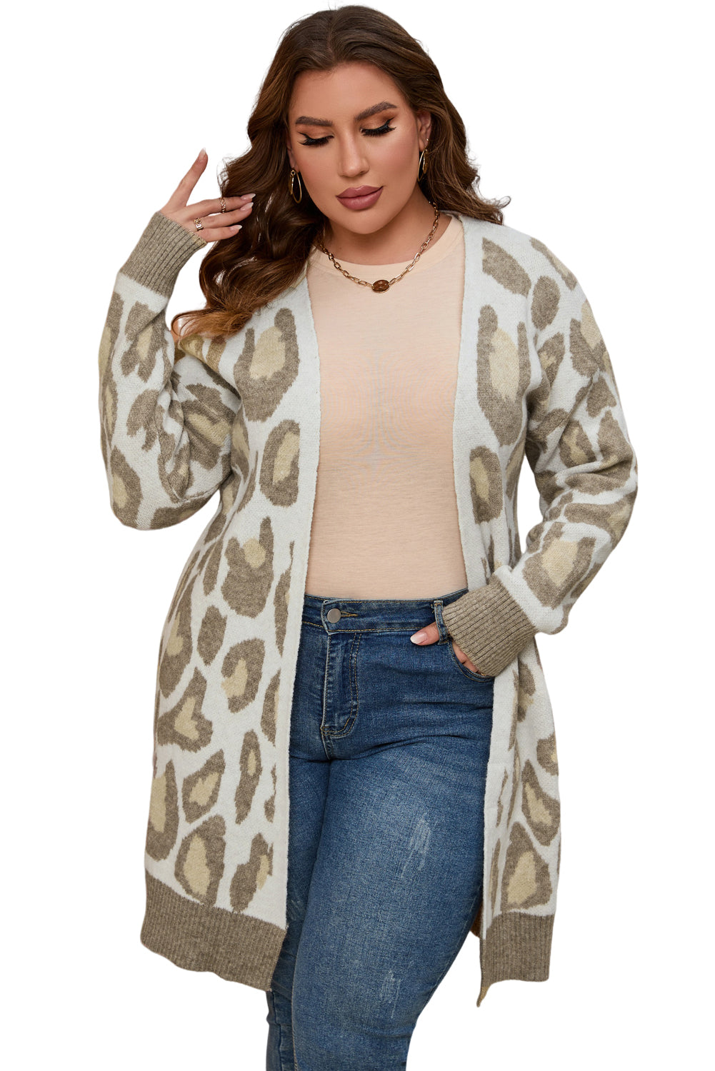Leopard Print Beige Plus Size Cardigan