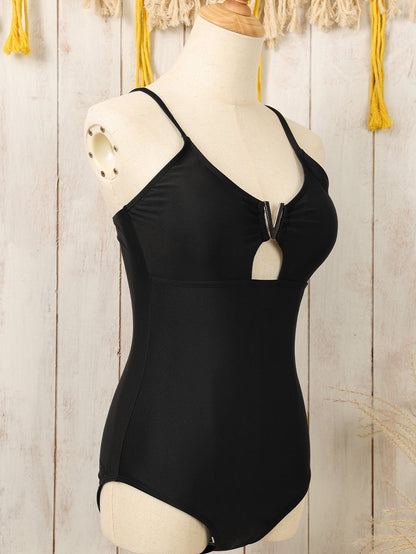 Elegant Black Metal Embellished One-Piece Swimsuit with Spaghetti Straps