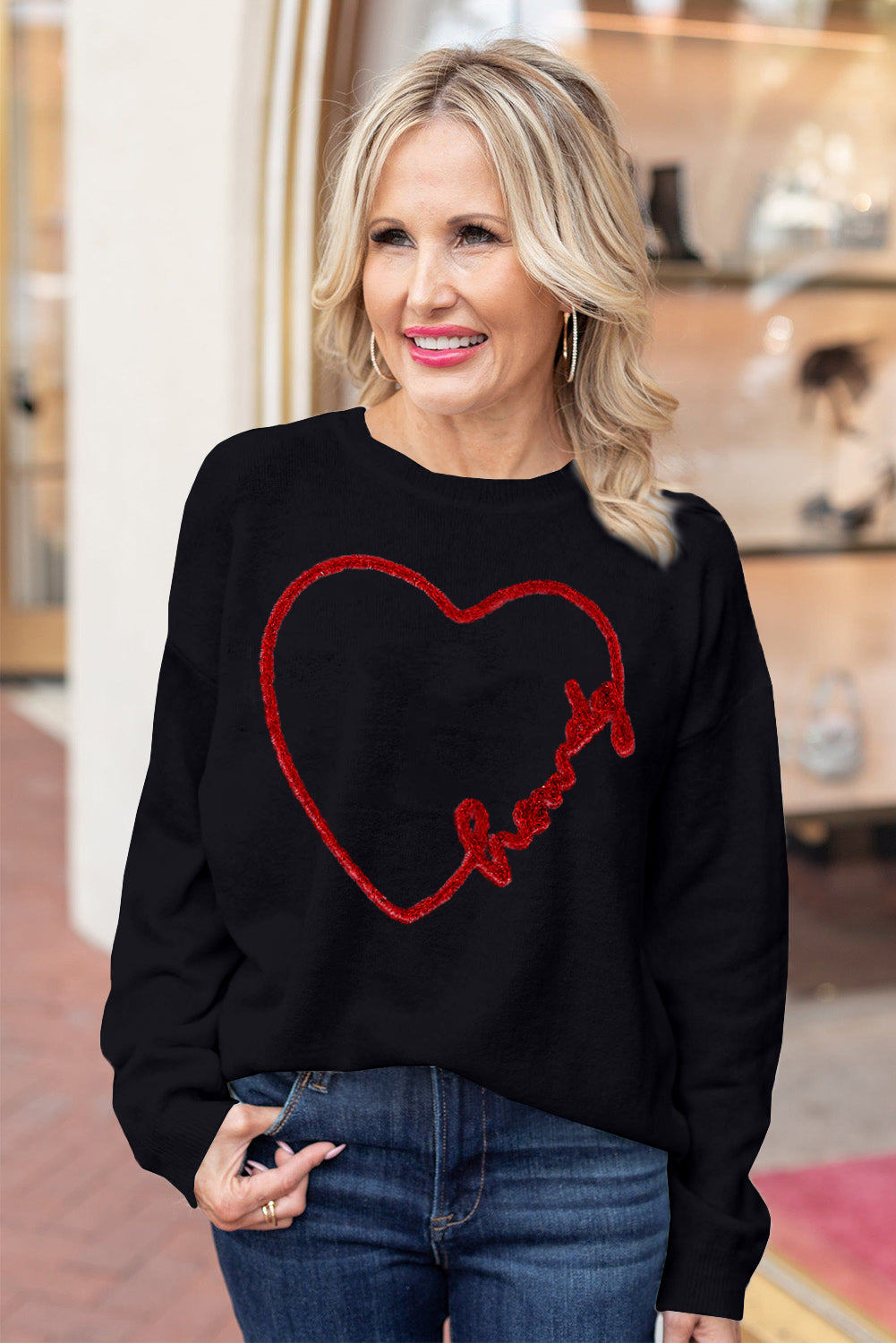 Heartfelt Black Graphic Round Neck Sweater