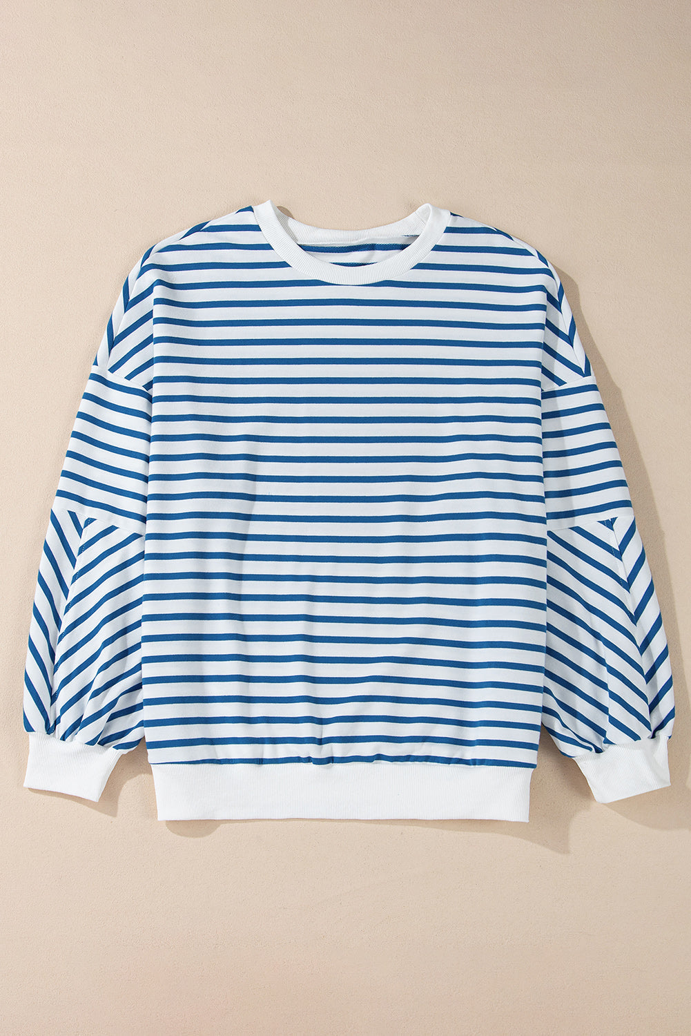 Blue Stripe Drop Shoulder Crew Neck Loose Sweatshirt