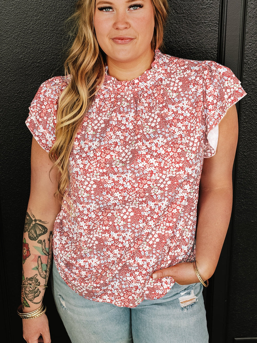 Pink Plus Size Floral Print Ruffled Sleeve Frilled Neck Blouse