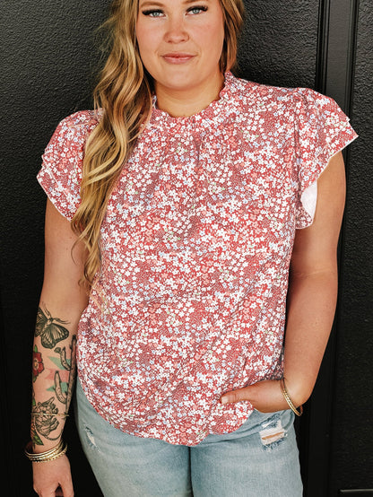Pink Plus Size Floral Print Ruffled Sleeve Frilled Neck Blouse