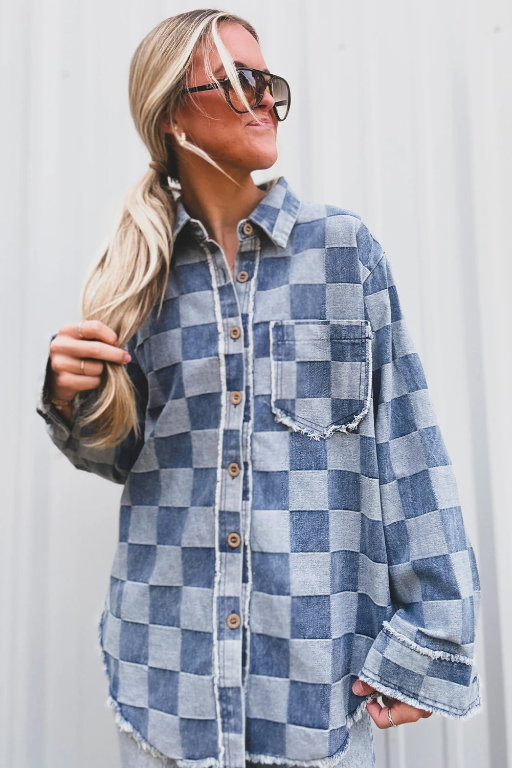 Sky Blue Checkered Denim Raw Edge Loose Shacket