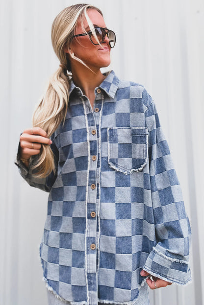 Sky Blue Checkered Denim Raw Edge Loose Shacket