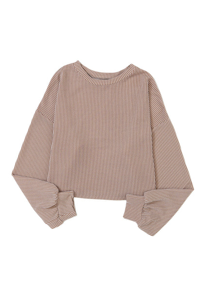 Khaki Corded Drop Shoulder Puff Sleeve Casual Top