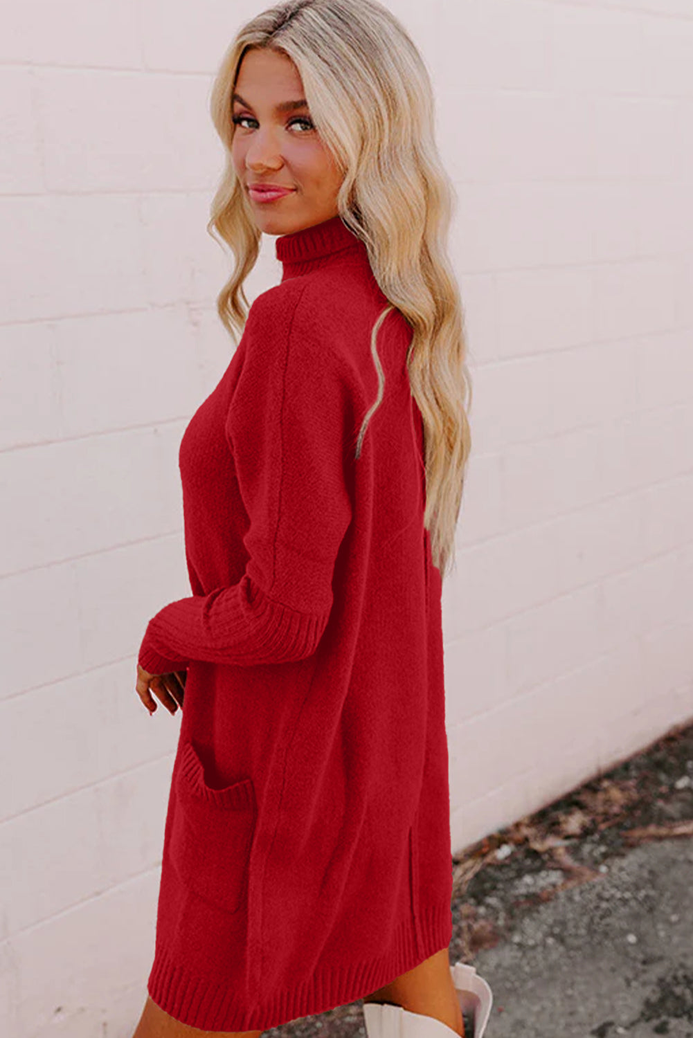 Fiery Red Ribbed High Neck Front Pockets Center Seam Shift Sweater Dress