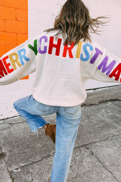 White HOHOHO MERRY CHRISTMAS Chenille Graphic Drop Shoulder Holiday Sweater