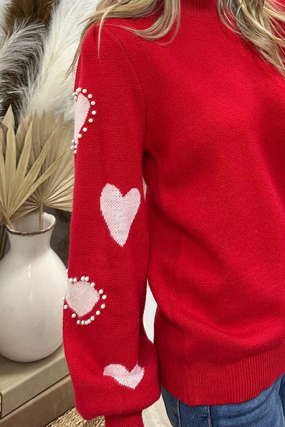 Racing Red Heart Print Sleeve Pearl Embellished Casual Sweater