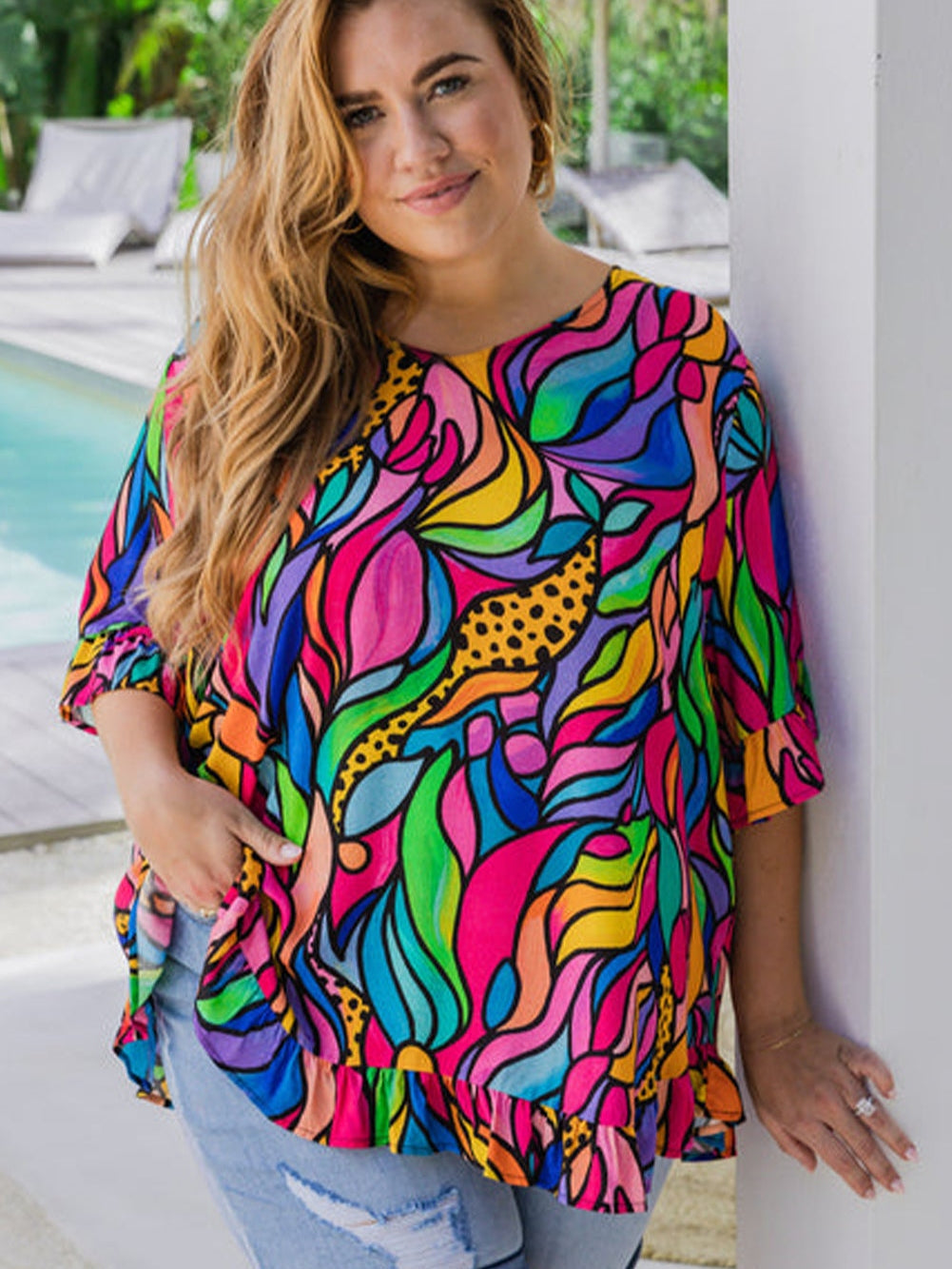 Rose Abstract Print Frilly Trim Blouse for Plus Size Women