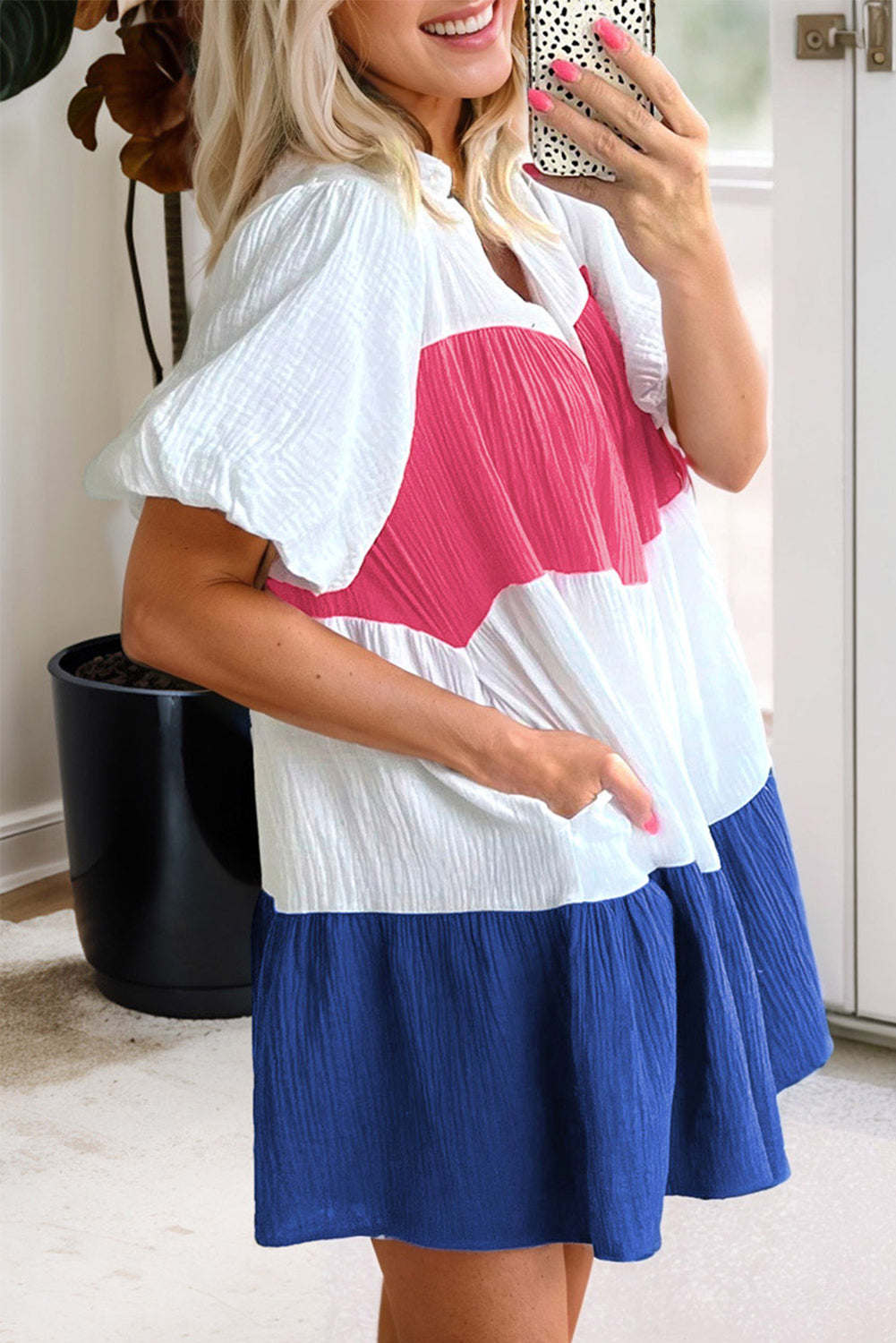 White Crinckle Colorblock Puff Sleeve Buttons Babydoll Dress