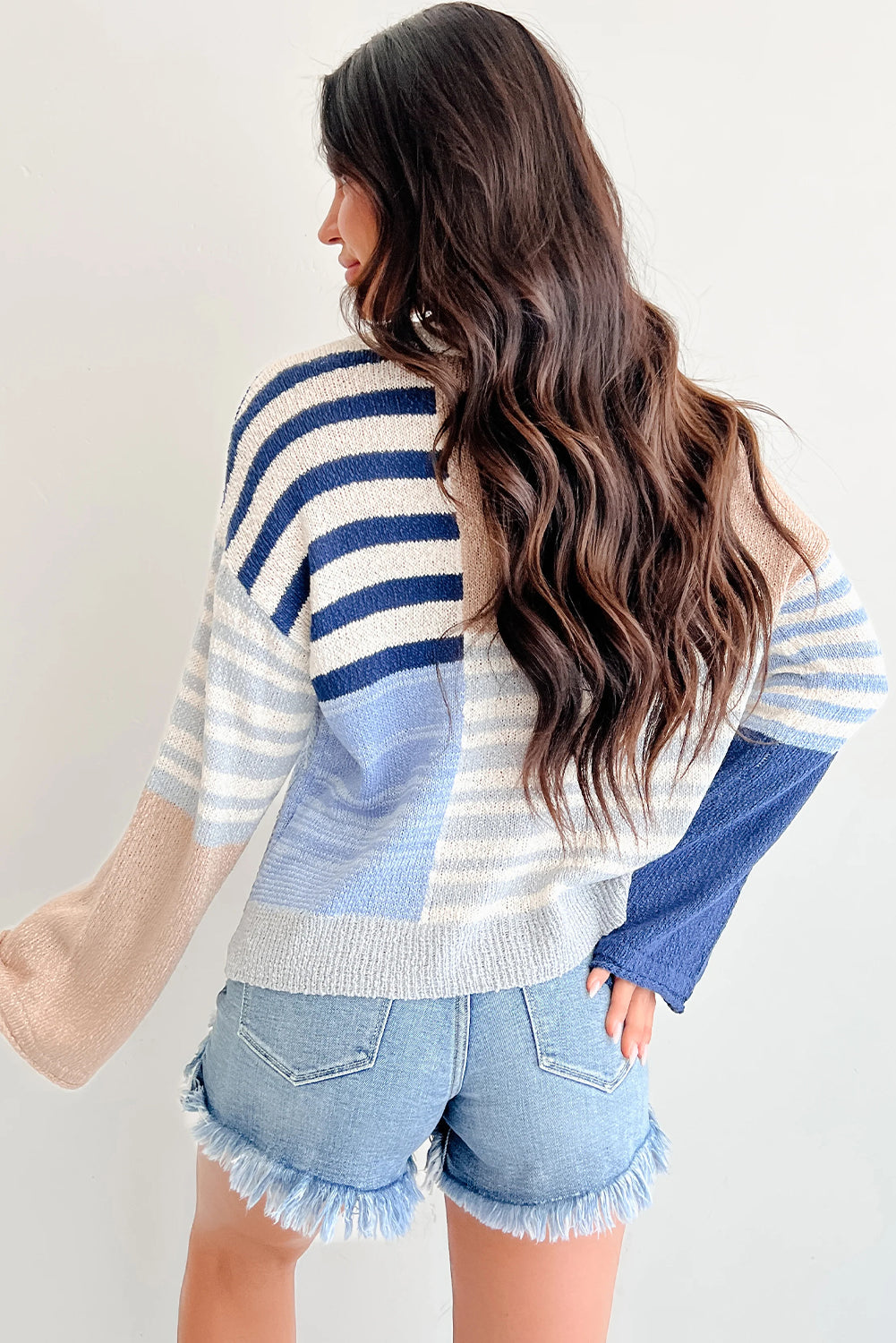 Sky Blue Stripe Color Block Knit Drop Shoulder Casual Sweater