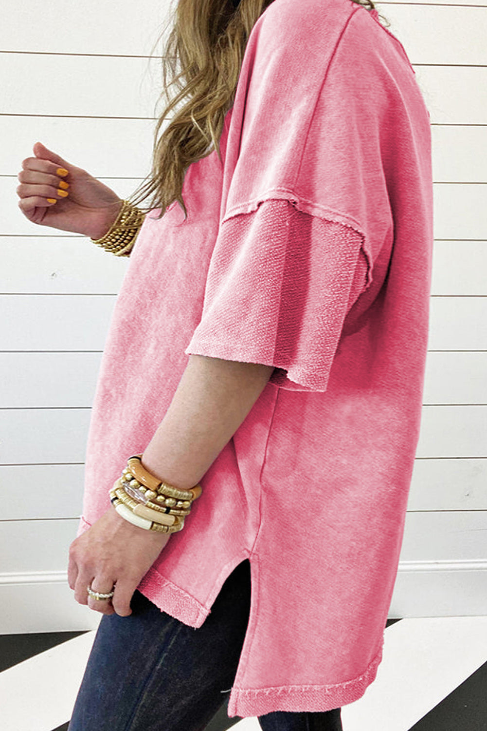 Strawberry Pink Mineral Wash Oversized Patchwork Tee