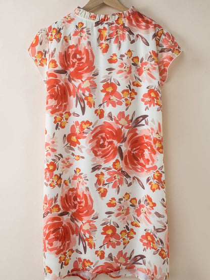 Vibrant Crimson Frilled Neck Ruffle Sleeveless Floral Dress