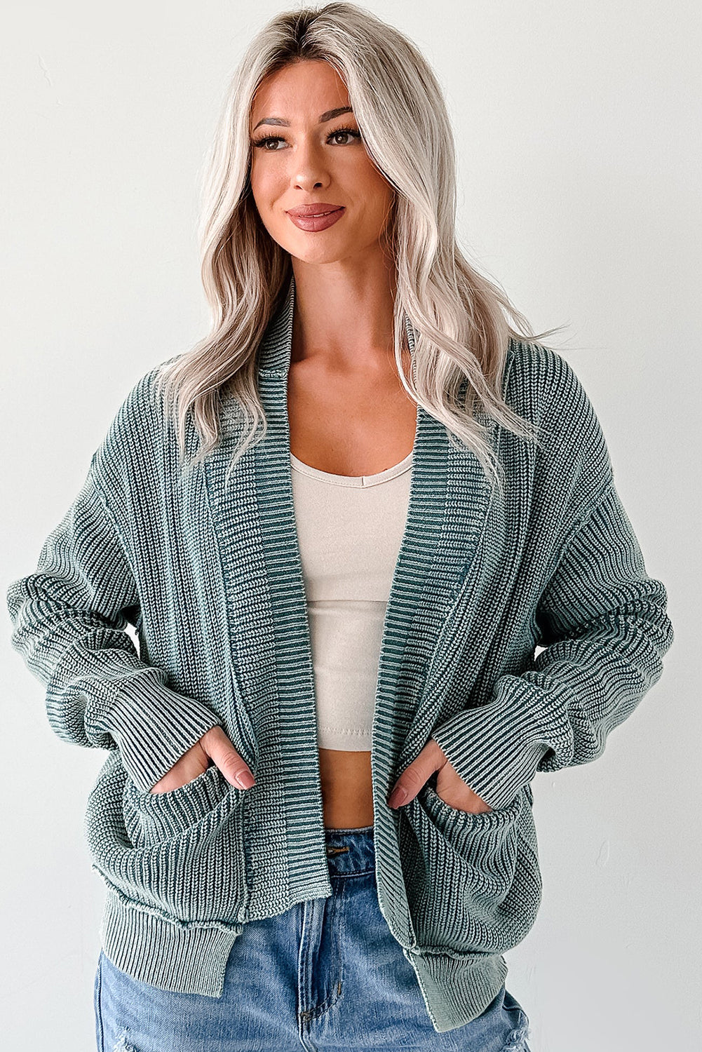 Evergreen Mineral Wash Exposed Seam Patchwork Knit Open Sweater Cardigan