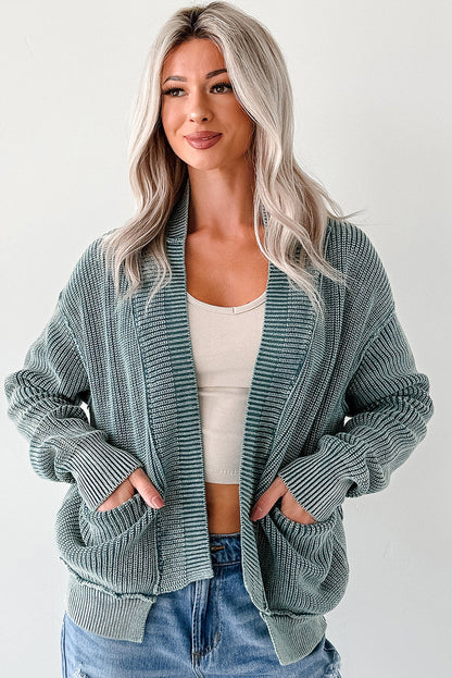 Evergreen Mineral Wash Exposed Seam Patchwork Knit Open Sweater Cardigan