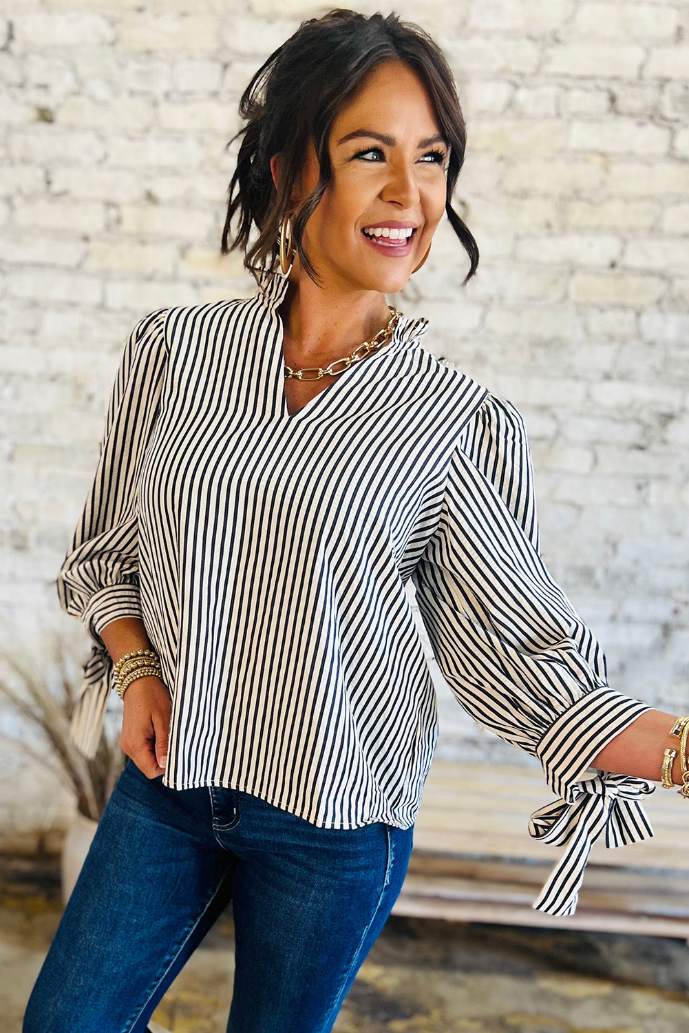 Black Stripe Knotted Cuff Long Sleeve V Neck Blouse