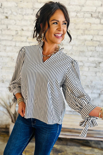 Black Stripe Knotted Cuff Long Sleeve V Neck Blouse