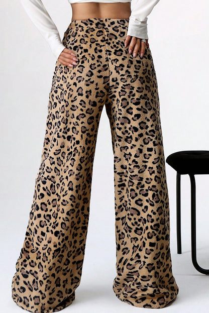 Brown Contrast Ribbon Bow Decor Leopard Print Plush Wide Leg Pants