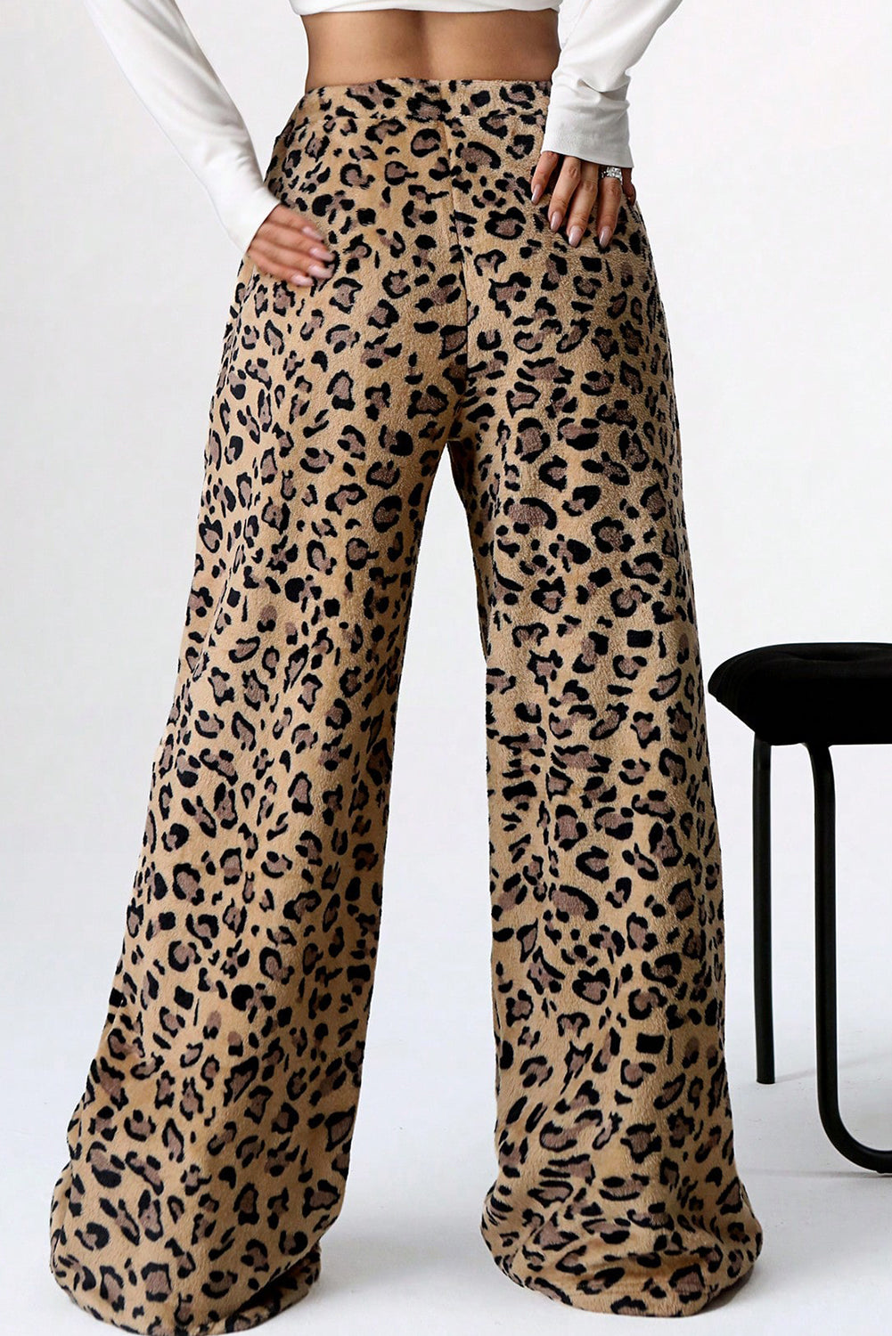 Brown Contrast Ribbon Bow Decor Leopard Print Plush Wide Leg Pants