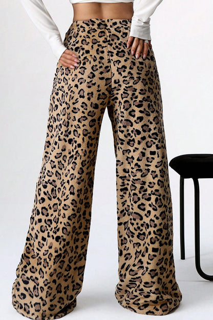 Brown Contrast Ribbon Bow Decor Leopard Print Plush Wide Leg Pants