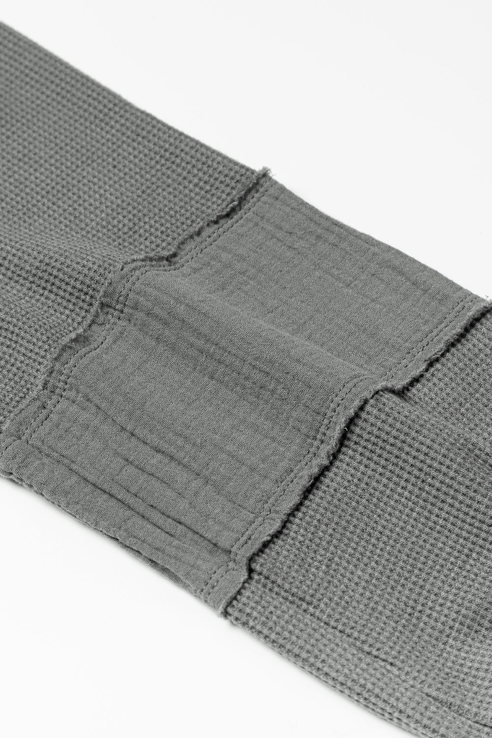 Gray Crinkled Texture Patchwork Waffle Knit Top with Bubble Sleeves