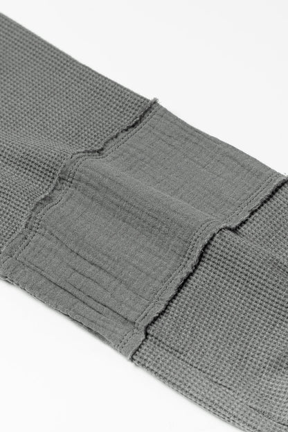 Gray Crinkled Texture Patchwork Waffle Knit Top with Bubble Sleeves
