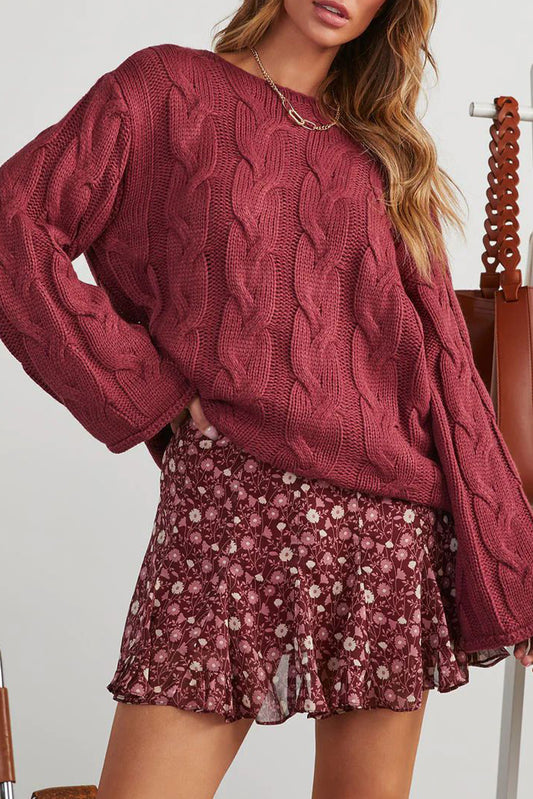 Mineral Red Round Neck Cable Knit Oversize Sweater