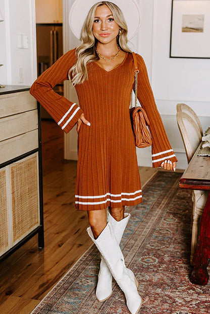 Gold Flame Wide Rib Knit Striped Detail V Neck Bell Sleeve Mini Dress