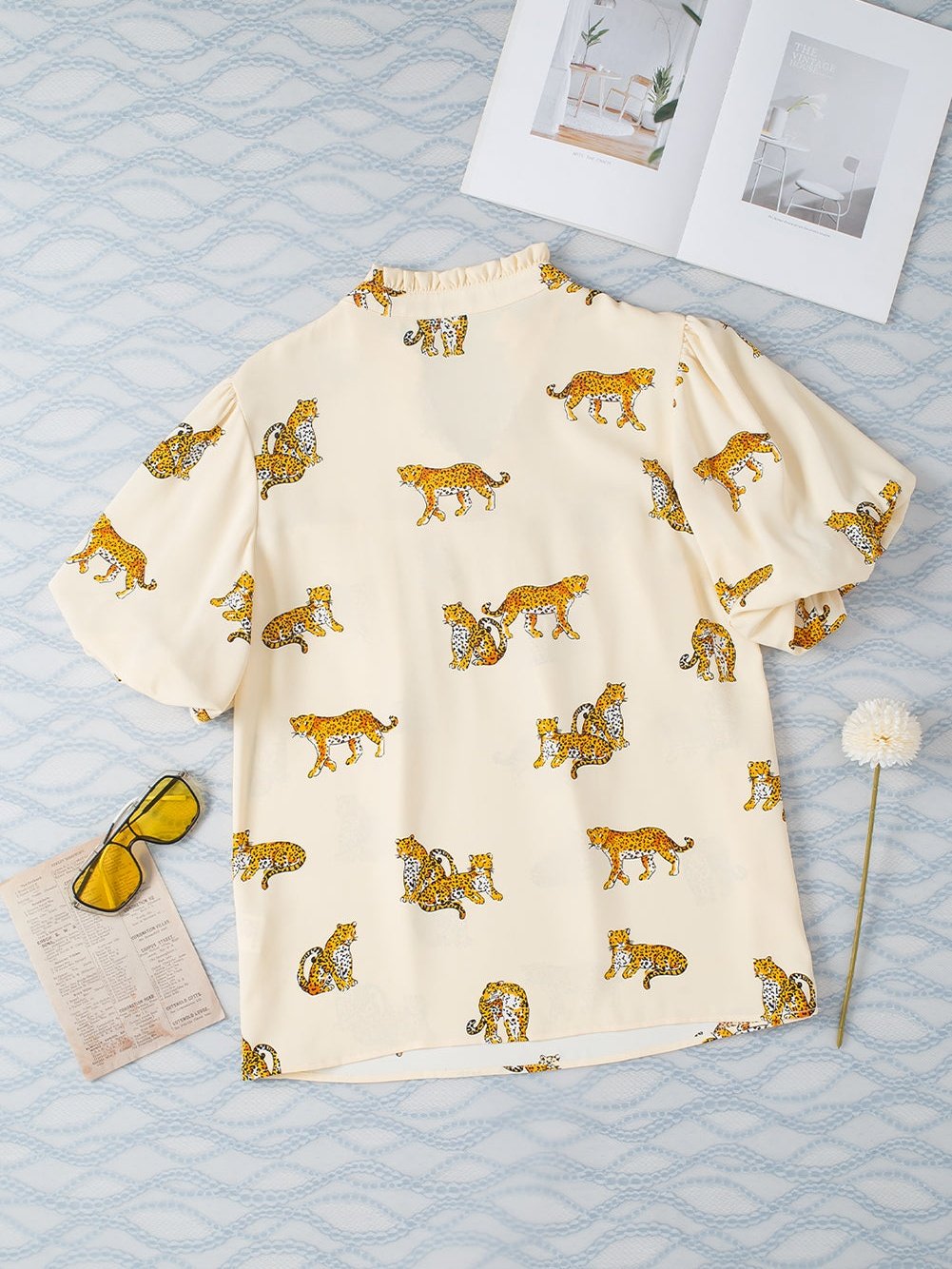 Apricot Leopard Print V-Neck Puff Half Sleeve Blouse