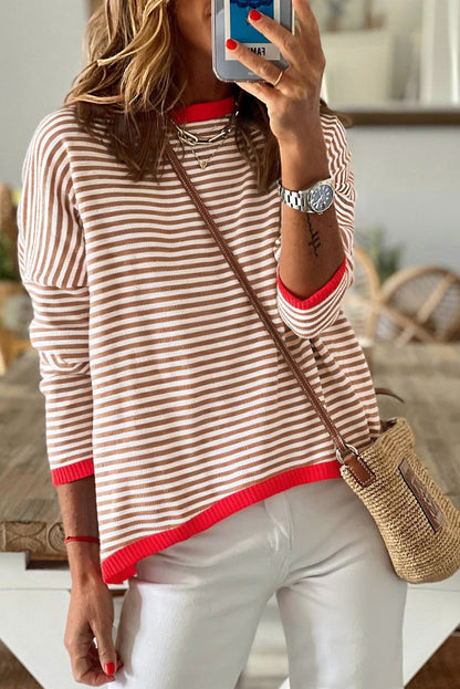 Brown Striped Contrast Trimmed Drop Shoulder Sweater