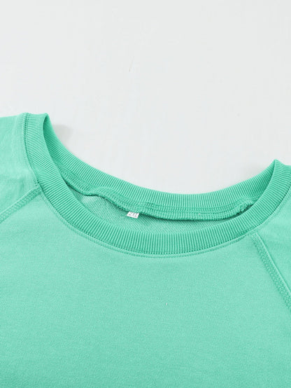 Green Crew Neck Long Sleeve Sweatshirt with Distressed Detail