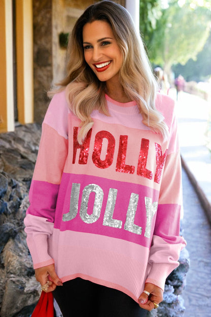 Pink Sequined HOLLY JOLLY Color Block Crew Neck Sweater