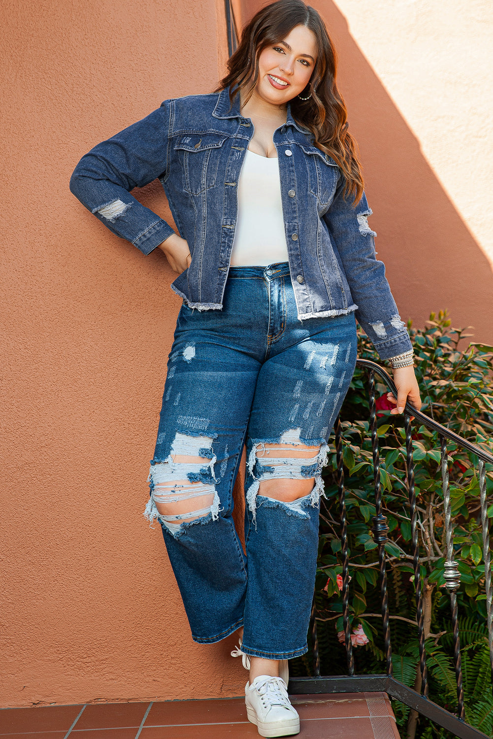 Stylish Plus Size Navy Distressed Denim Shacket