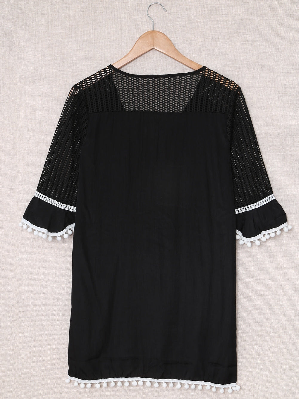 Beach Ready Black Crochet Pom Pom Trim Tunic Cover-Up