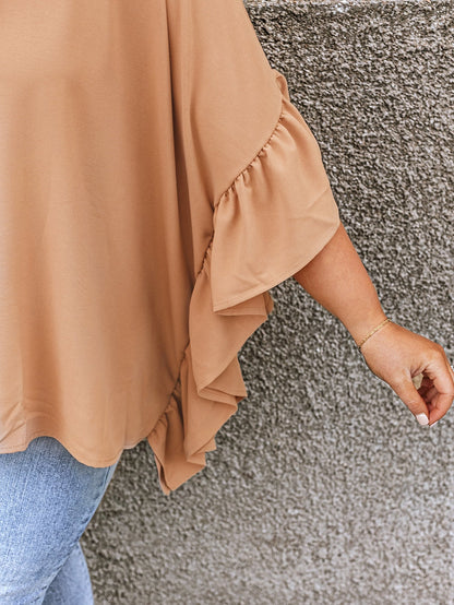 Elegant Smoke Gray Plus Size V Neck Blouse with Ruffled Batwing Sleeves