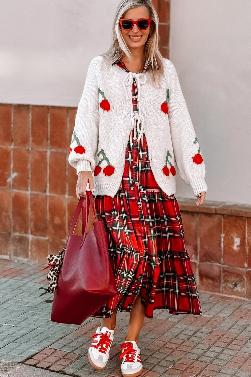 Red Plaid Long Sleeve Shirt Collar Button Down Ruffle Tiered Long Dress